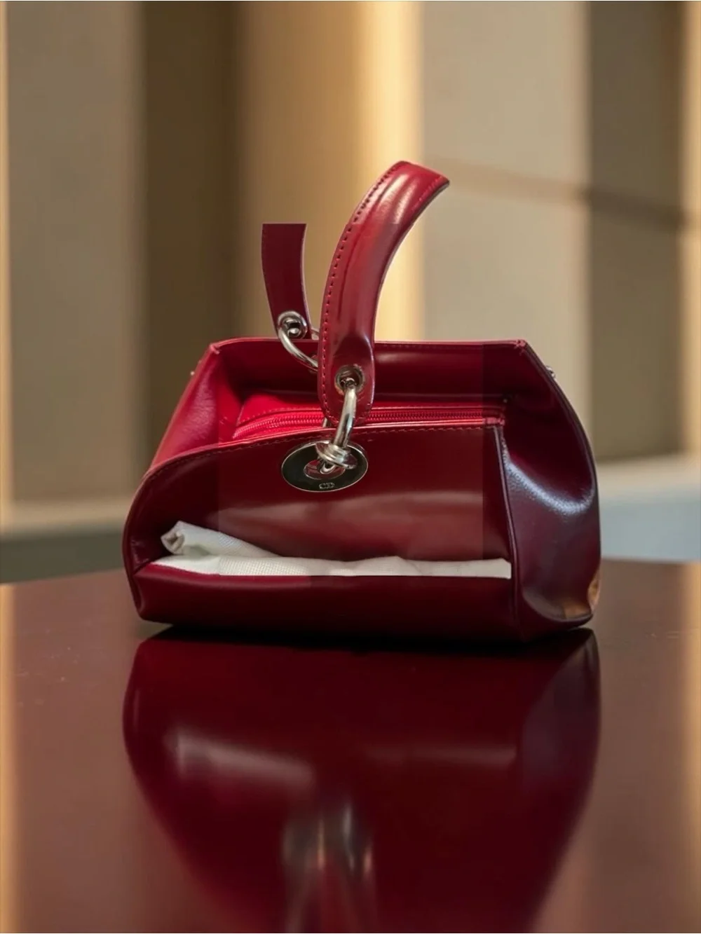 Christian Dior Red Polished Leather w Strap. Lady Dior. Dustbag